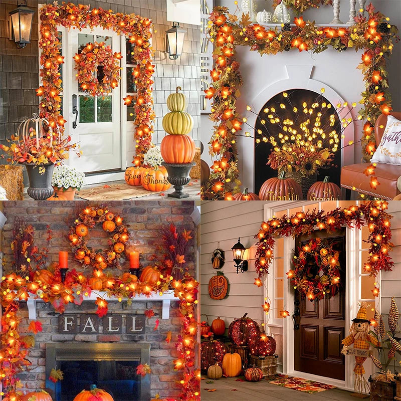 10/20 LED Pumpkin Maple Leaves Light String Fall Garland Battery Powered Indoor Outdoor Garden Halloween Thanksgiving Home Decor