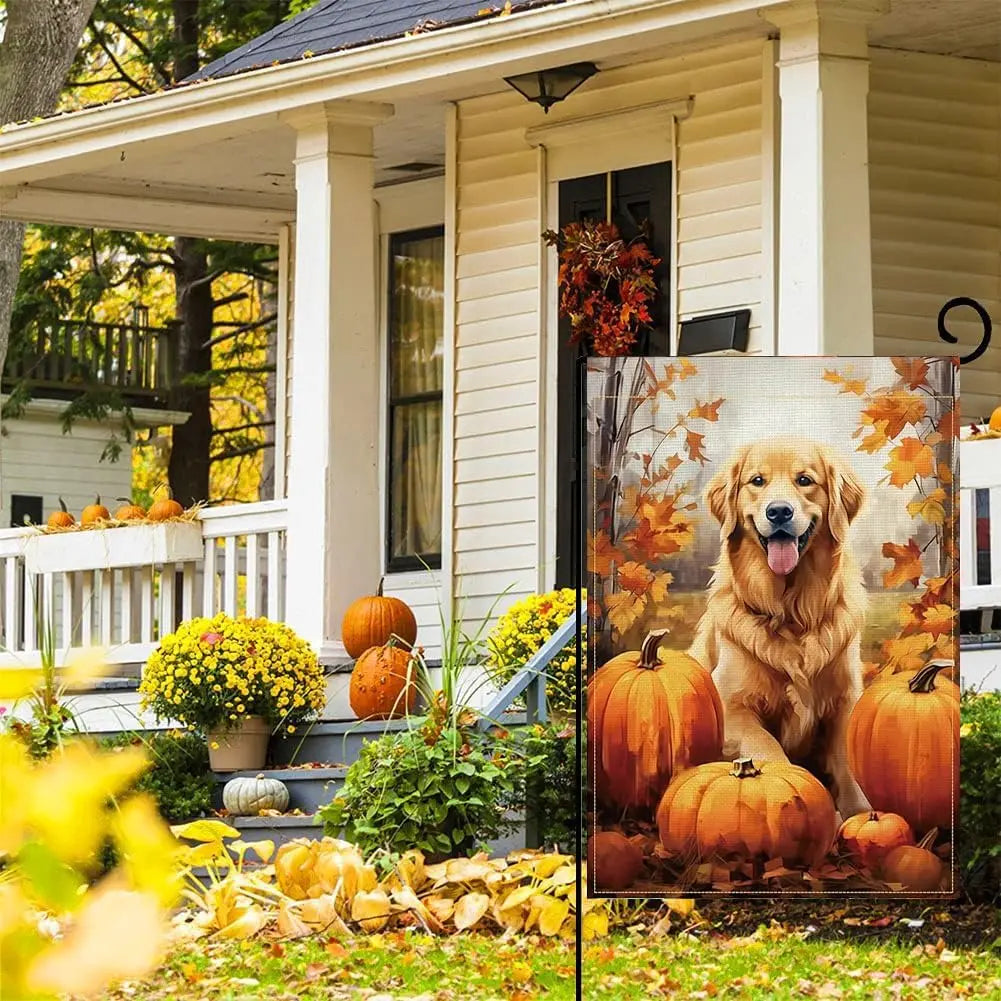 Autumn Thanksgiving Garden Flag Fall Decorations for Home Outdoor, Pumpkin Golden Retriever Garden Flag for Outdoor Decor, Fall