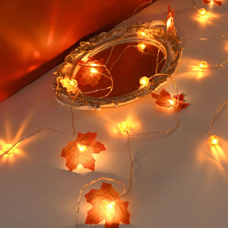 10/20 LED Pumpkin Maple Leaves Light String Fall Garland Battery Powered Indoor Outdoor Garden Halloween Thanksgiving Home Decor