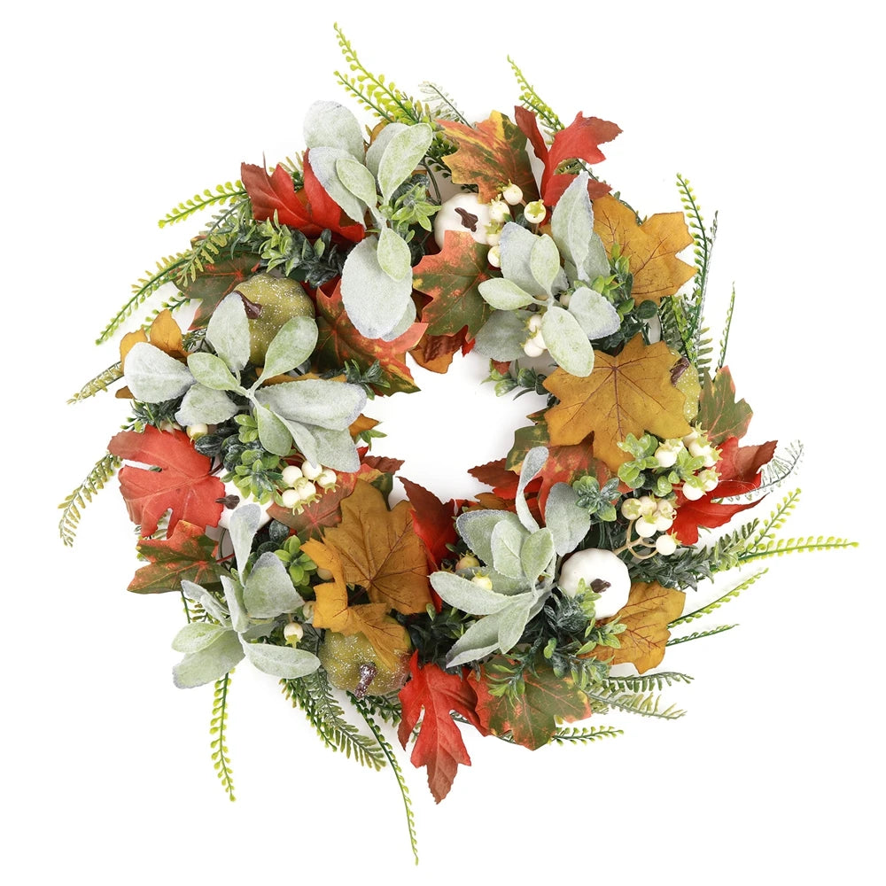 40cm Fall Wreaths for Front Door Autumn Wreath with Berry Pumpkin, Maple Leaves, Thanksgiving Harvest Festival Home Decoration