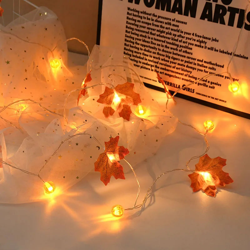 10/20 LED Pumpkin Maple Leaves Light String Fall Garland Battery Powered Indoor Outdoor Garden Halloween Thanksgiving Home Decor