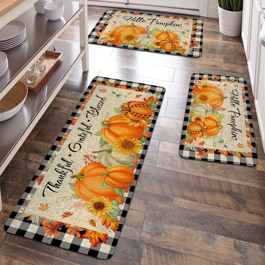 Autumn Pumpkin Maple Leaf Print Kitchen Floor Mat Fall Thanksgiving Rugs Home Decor Dining Room Laundry Room Non-slip Carpets