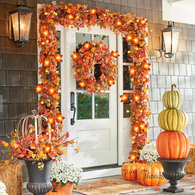 10/20 LED Pumpkin Maple Leaves Light String Fall Garland Battery Powered Indoor Outdoor Garden Halloween Thanksgiving Home Decor