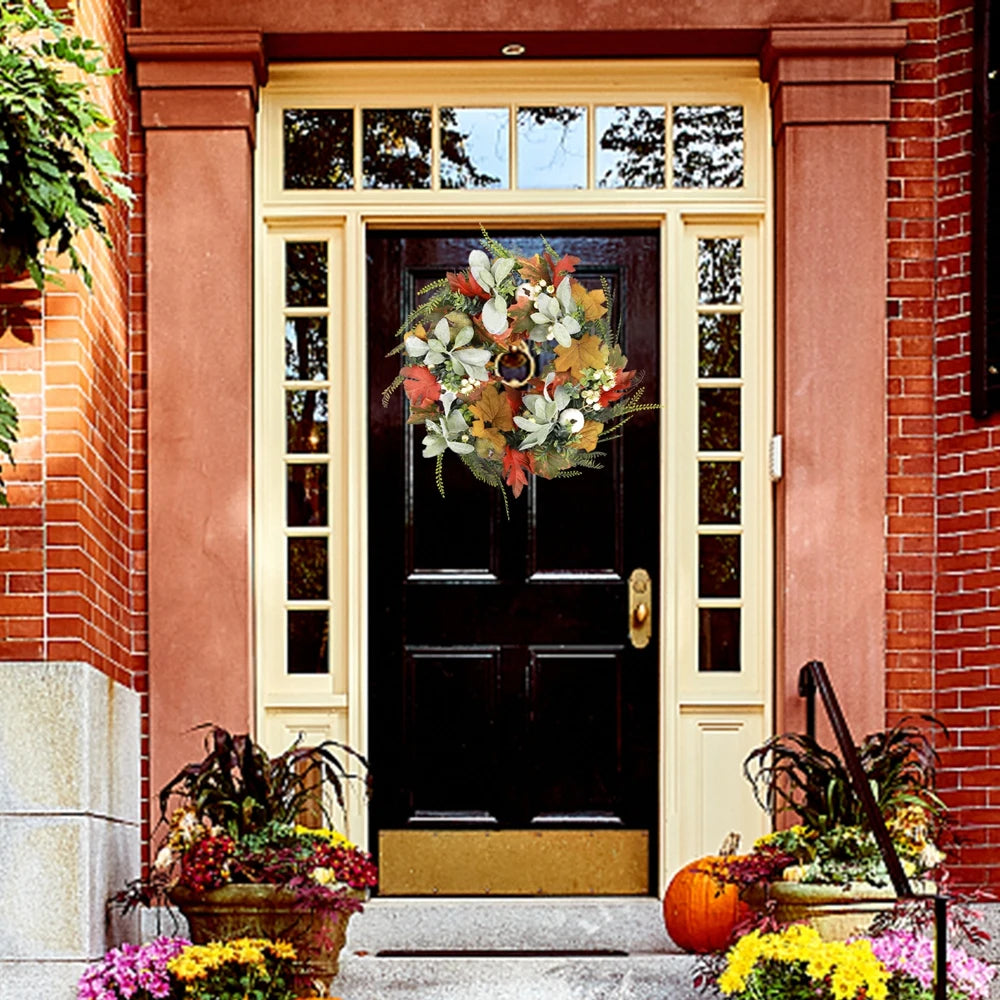 40cm Fall Wreaths for Front Door Autumn Wreath with Berry Pumpkin, Maple Leaves, Thanksgiving Harvest Festival Home Decoration