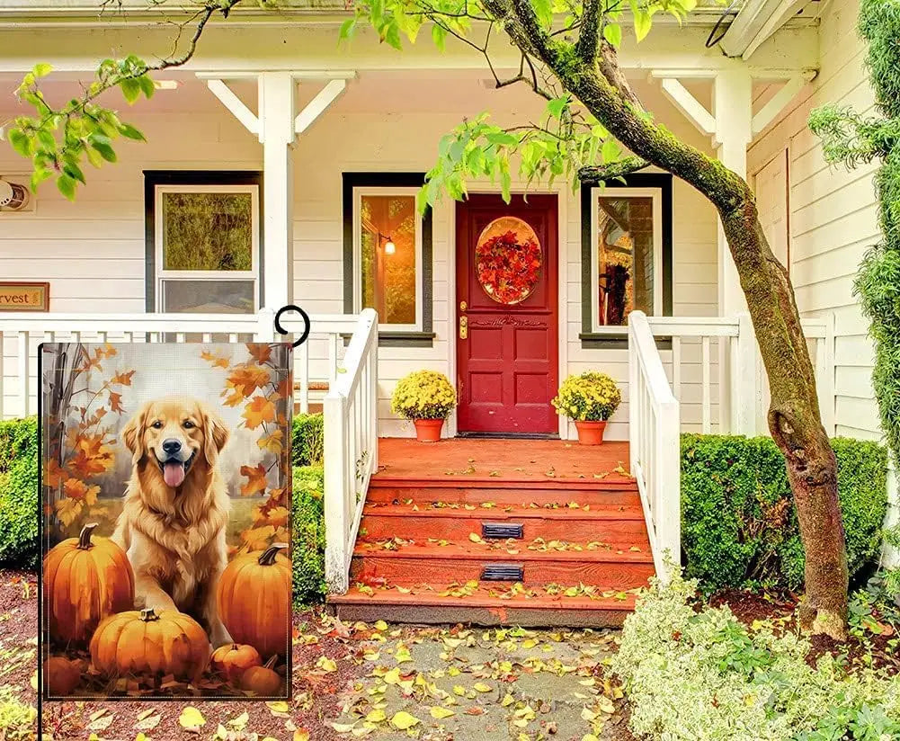 Autumn Thanksgiving Garden Flag Fall Decorations for Home Outdoor, Pumpkin Golden Retriever Garden Flag for Outdoor Decor, Fall