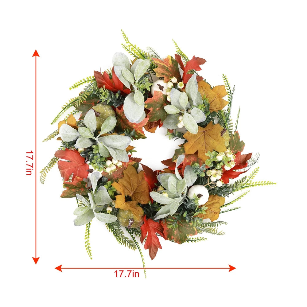 40cm Fall Wreaths for Front Door Autumn Wreath with Berry Pumpkin, Maple Leaves, Thanksgiving Harvest Festival Home Decoration