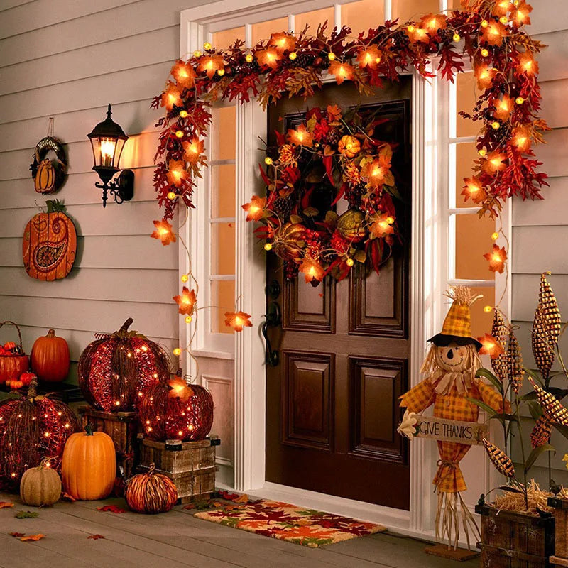 10/20 LED Pumpkin Maple Leaves Light String Fall Garland Battery Powered Indoor Outdoor Garden Halloween Thanksgiving Home Decor