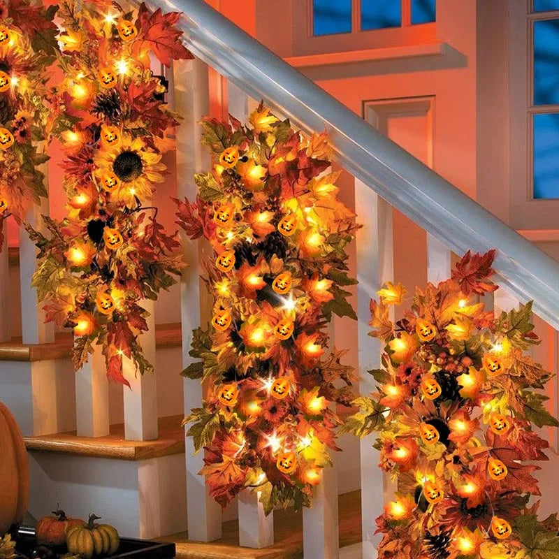 10/20 LED Pumpkin Maple Leaves Light String Fall Garland Battery Powered Indoor Outdoor Garden Halloween Thanksgiving Home Decor